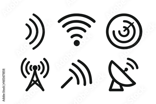 Radio signal wave and wifi icon set. Wireless communication technology symbols. Radar screen, broadcast antenna, and satellite dish vector icons. Network connection signs.