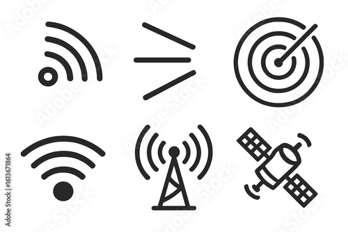 Radio signal wave icon set. Vector symbols for wifi, internet connection, satellite communication, radar detector, gps navigation, and broadcast antenna transmission.