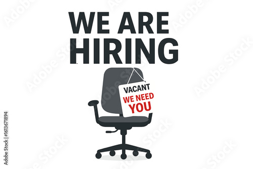 We are hiring concept. Recruiting and business employment background. Empty office chair with a vacant sign. Job opportunity and career search. Join our team. We need you.