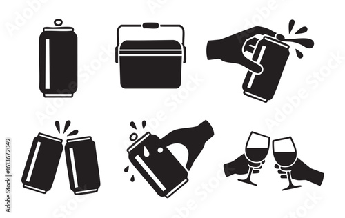 Six black and white icons of beverage cans cooler and wine glasses drink ice chest