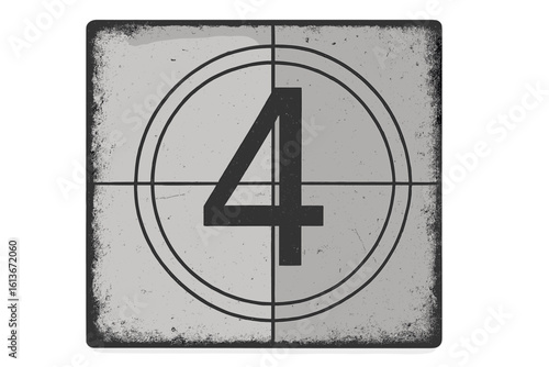 Retro cinema movie timer count. Old film countdown frame. Vintage projector screen with number. Grunge filmstrip texture background. Classic silent movie leader intro element.