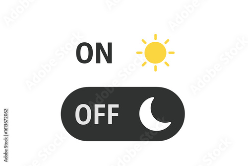 Day and night mode toggle switch icon. On and off button for light and dark theme. Sun and moon symbols for user interface design. Vector illustration isolated on background.