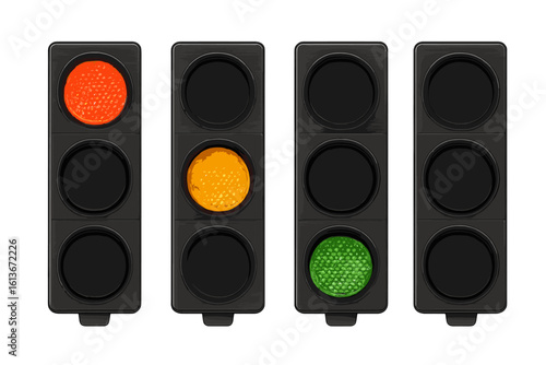 Set of 4 LED traffic lights showing red, yellow, and green signals. Realistic vector illustration isolated on a transparent background for concepts like road safety or control.