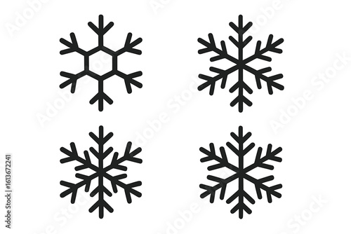 Set of four black vector snowflake icons. Winter Christmas snow flake crystal elements. Simple flat cold weather frost symbols for holiday design. Isolated vector illustration.