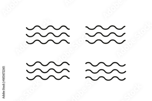 Set of 4 water wave line icons. Minimalist vector illustration. Abstract sea, ocean, river flow symbol. Fluid, liquid, current graphic. Weather pictogram design element.