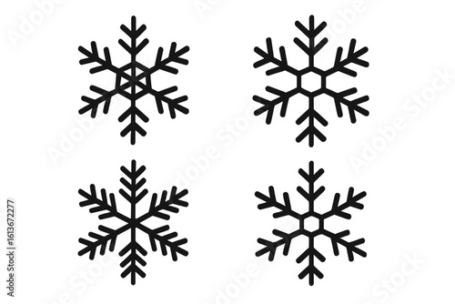 Set of 4 black vector snowflakes. Winter Snowflake icons for Christmas decoration. Cold weather, frost symbol. Simple geometric crystal snow flake shape vector illustration.