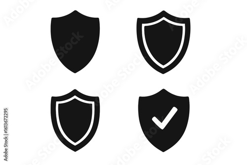 Security shield icon set. Safety, protection concept. Secure data privacy. Vector guard symbol. Antivirus web badge with checkmark. Guarantee, trust, verified pictogram.