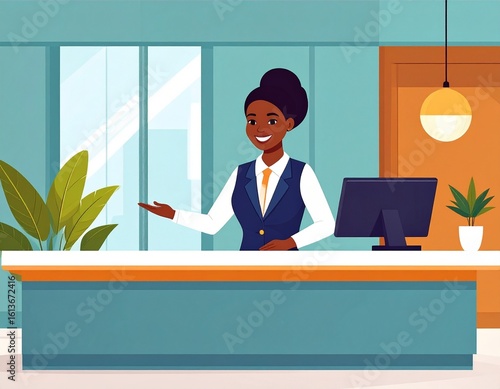 Professional Hotel Receptionist Greeting Guest at Front Desk – Modern Lobby and Business Hospitality Scene