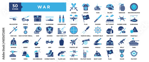 50 War icon set. Containing design nation, country, army, soldier, battle	