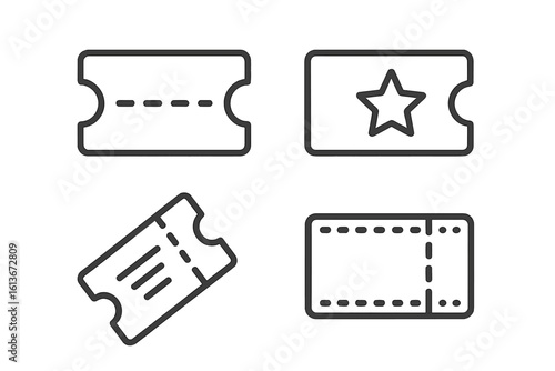 Ticket icon set. Linear ticket and coupon symbol collection. Vector pictogram for website and mobile app. Admission pass, event voucher, cinema, and raffle templates.