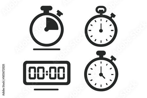 Timer and stopwatch vector icons set. Simple flat clock, countdown, and chronometer symbols for UI UX. Concept of time management, deadline, speed measurement. Isolated.