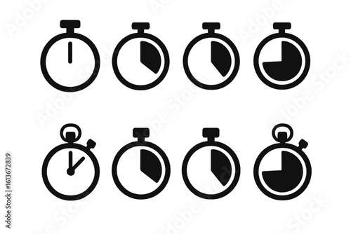 Timer and stopwatch vector icons set. Countdown clock symbol collection. Time management, deadline, and interval concept. Simple flat pictogram for web and mobile apps.