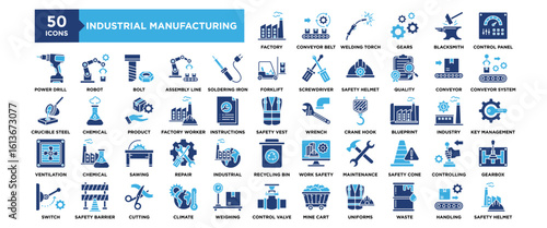 50 Industrial Manufacturing icon set. Containing design industry, technology, manufacturing, factory, industrial	