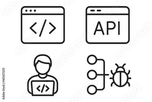 Web development icon set in line style. Programmer, coder, and developer concepts. Vector icons for web and mobile app design. Code, API, bug fix, and flowchart symbols.