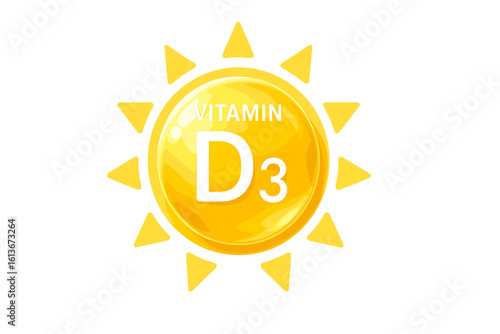 Vitamin D3 icon with sun. Yellow shining capsule for beauty, nutrition, skin care, pharmacy, and diet. Cholecalciferol supplement for health. Vector illustration.