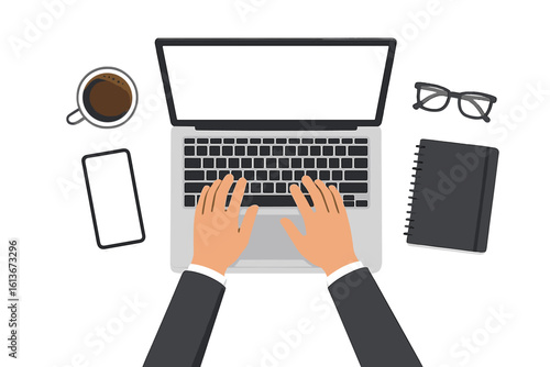 Businessman hands working on laptop at office desk top view. Flat lay workspace with computer, phone, coffee and notebook. Business technology concept vector illustration.
