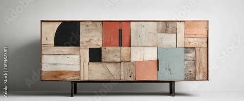 Reclaimed wood sideboard with geometric, multicolored panel design