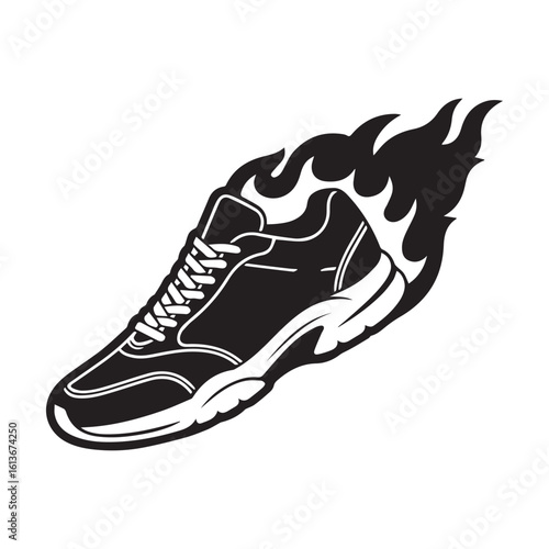 A black running shoe on fire moving fast
