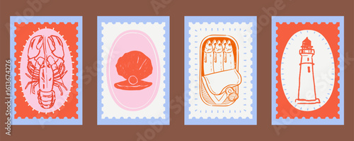 Hand drawn travel stamp illustration set with lobster, pearl shell, sardines tin, lighthouse. Vintage seafood posters in rough crayon texture. Retro mediterranean summer vector sketch.