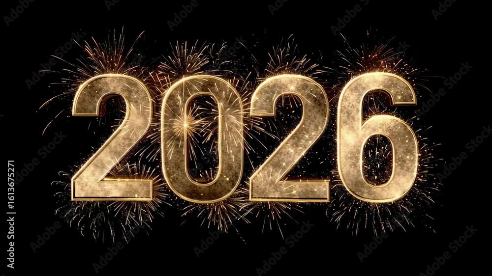 Glowing golden 2026 numbers with sparks and glitter on dark background, ideal for New Year countdown videos, festive branding, and celebration intros, 4K, motion. Glowing golden 2026 numbers with sparks and glitter on dark background, ideal for New Year countdown videos, festive branding, and celebration intros, 4K, motion.