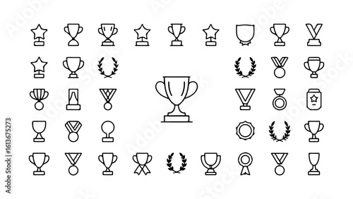 Collection of hand drawn trophies and awards icons for sports and achievements