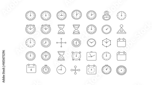 Collection of vintage clock and timekeeping icons and symbols