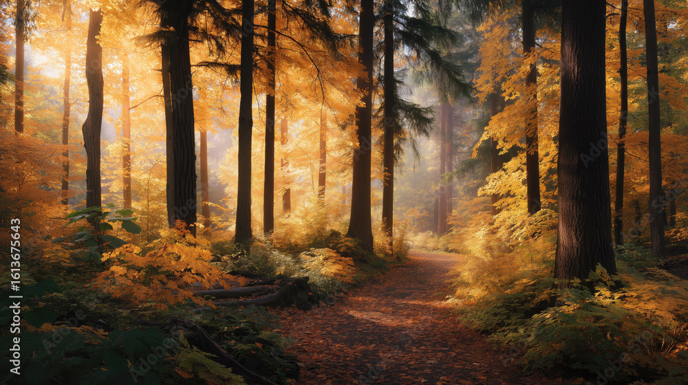 Fototapeta premium Misty Autumn Forest Pathway Lined with Golden Maple and Oak Trees