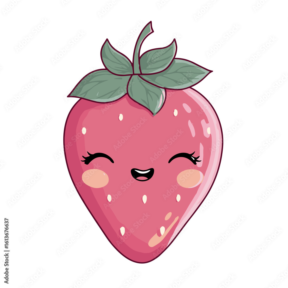 Fototapeta premium Kawaii Strawberry with Blushing Cheeks and Happy Smile