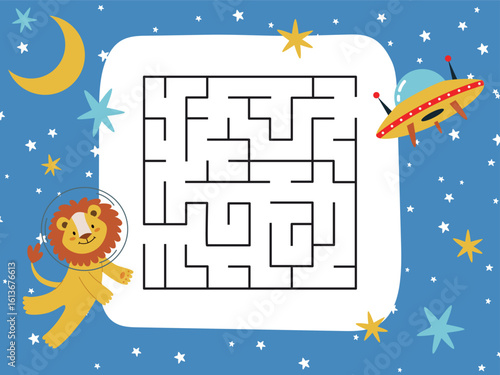 Space maze for kids. Educational game for preschoolers.Animals astronauts in space. Vector flat illustration in cartoon style