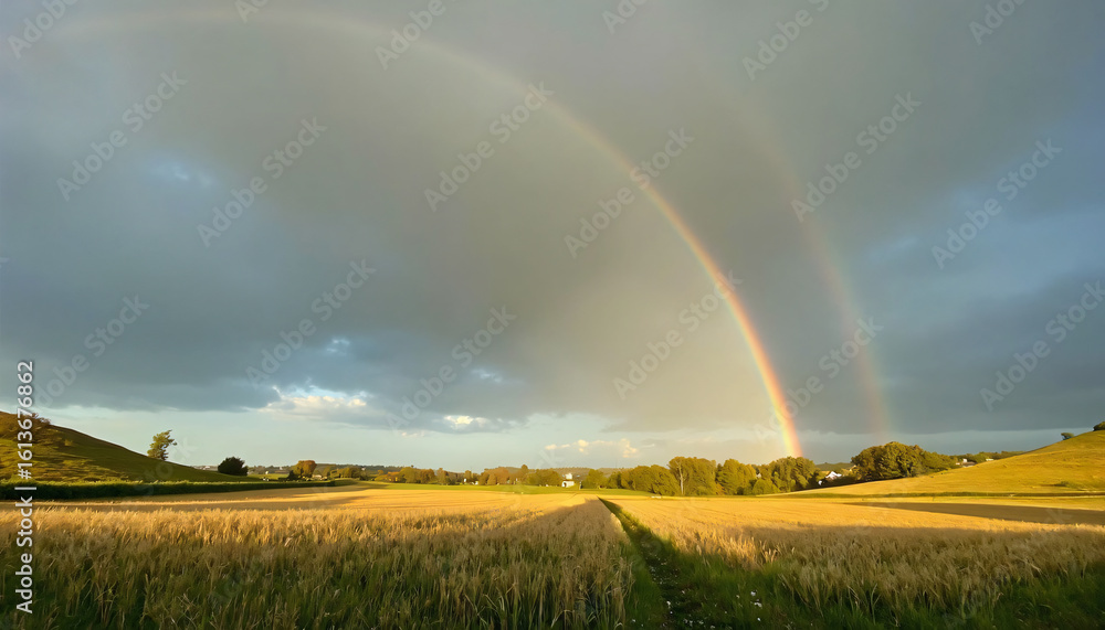 Naklejka premium Double Rainbow Over Golden Wheat Field