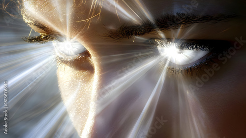 Close-up of intense, bright eyes radiating light.  Focused, powerful gaze.  Light beams emanating from pupils