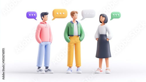 Three stylized people in conversation