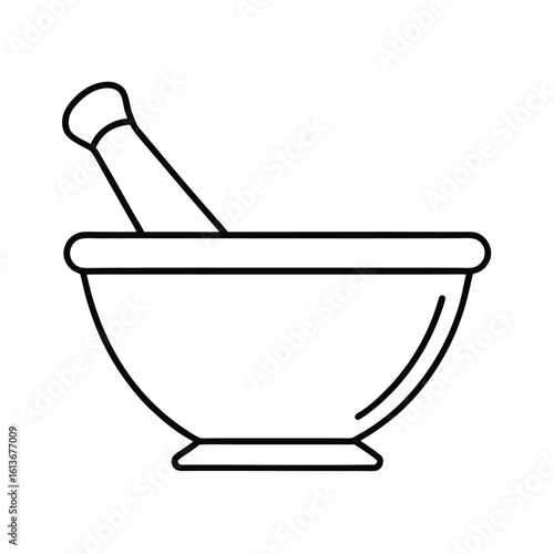 Simple outline illustration of a mortar and pestle set on a clean white background