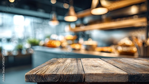 Wooden tabletop in a blurred cafe