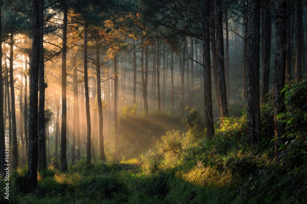 Obraz premium Sunrise penetrates misty pine forest