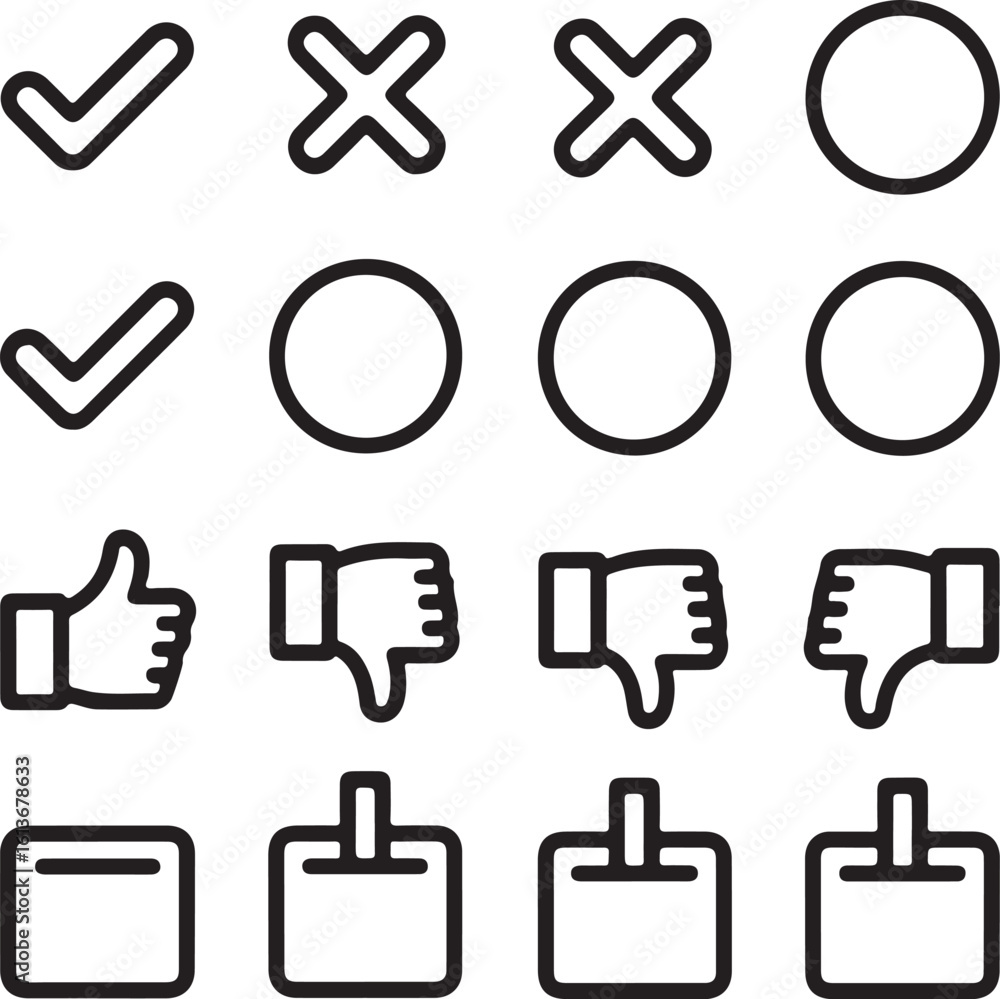 Obraz premium True and False Symbol Outline Icons – YesNo, CorrectWrong, Selection Marks, Approval and Rejection Signs