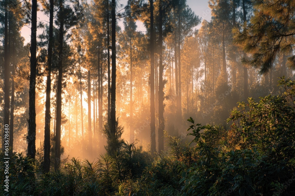 Obraz premium Sunrise in a misty pine forest