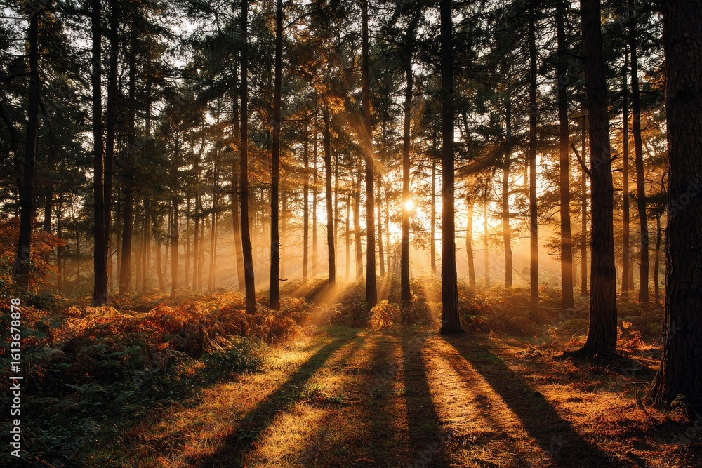 Obraz premium Golden sunlight streams through a misty autumn forest