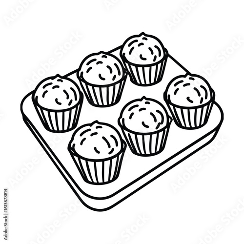 Thin stroke sketch of a muffin tray with perfectly baked muffin tops