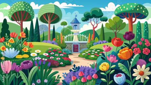 Lively garden showcasing an array of flowers and greenery in spring season