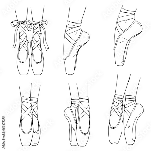 Detailed pencil sketch collection showcasing various poses and angles of ballet pointe shoes