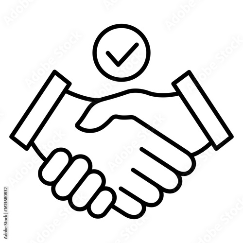 Business handshake with checkmark line icon. Agreement symbol with tick. Deal concept. Vector isolated on white.