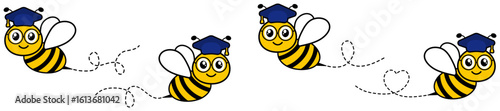 Bees in graduate hat and glasses set. Flying scholar bees with dotted line path collection. Vector isolated on white.