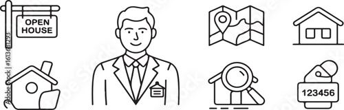 Real Estate Services and Agents Line Icon Pack – Realtor, Open House Sign, Property Map, Location Pin, Home Inspection, Price Tag, and Phone Support