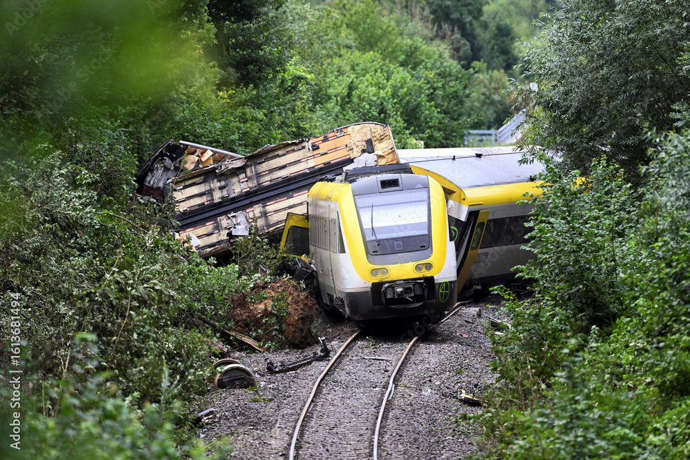 Naklejka premium A train accident scene showing derailed and damaged carriages lying motionless.