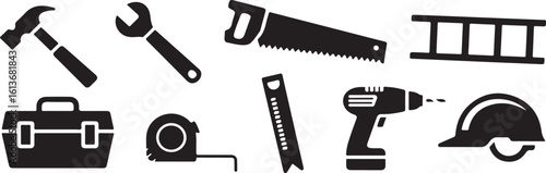Construction Tools and Equipment Silhouette Icons – Hammer, Wrench, Saw, Ladder, Hard Hat, Tape Measure, Power Drill, and Toolbox