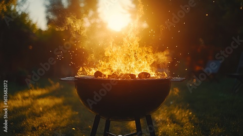 Outdoor grill ablaze at sunset