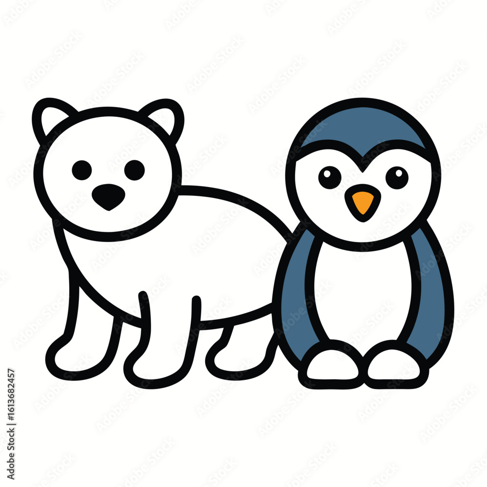 Fototapeta premium Charming Cartoon Illustration of a Polar Bear and Penguin Adorable Animal Friends in a Playful Design