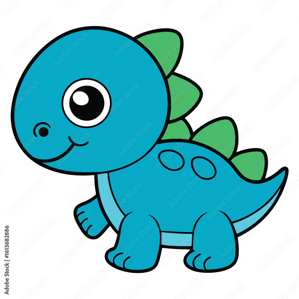 Fototapeta premium Cute blue cartoon dinosaur with green spikes illustration for childrens books and educational materials featuring a smiling reptile design