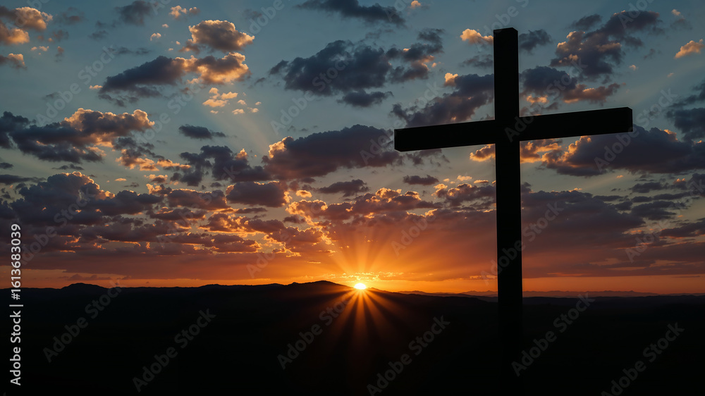 Obraz premium Majestic Sunset Behind a Cross Silhouette in the Sky